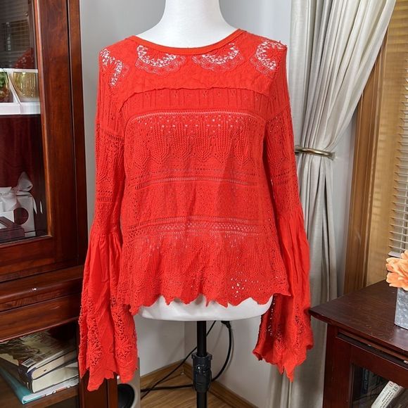 Free People Red Lace Bell Sleeve Top - Picture 3 of 15